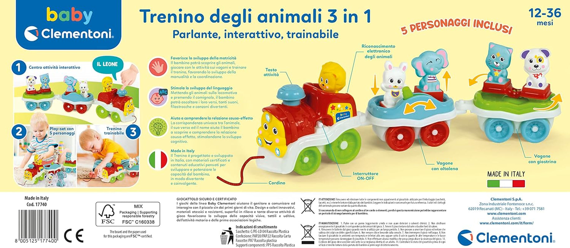 Clementoni Animali-3 Talking Interactive Expandable Electric Train Toy for 1 Year Old Baby (italiensk version) Tillverkad i Italien Flerfärgad 17740 Jucarii Bebe Naty Shop