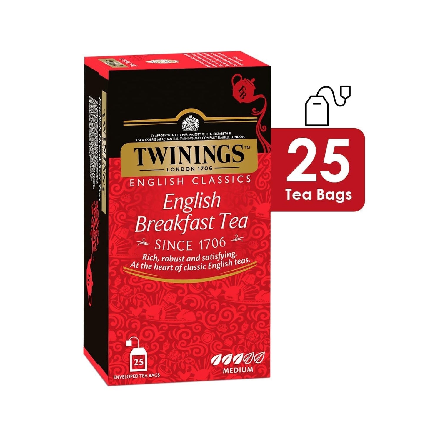 Twinings English Breakfast Black Tea 50g, 25 tepåsar, fullt, runt och starkt svart te från de bästa teplantagen i Sri Lanka och Indien. Svart te Förpackning om 1 (1 x 50 g)