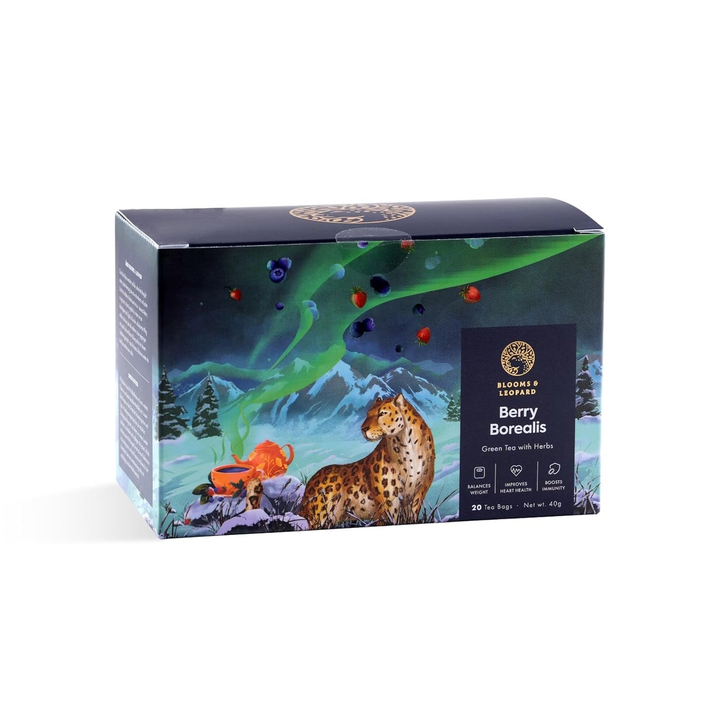 Blooms & Leopard Premium gröna tepåsar - Berry Borealis Blend med Hibiscus, Blueberry, Strawberry and Spearmint - 20 Pyramid tepåsar för varmt eller kallt te