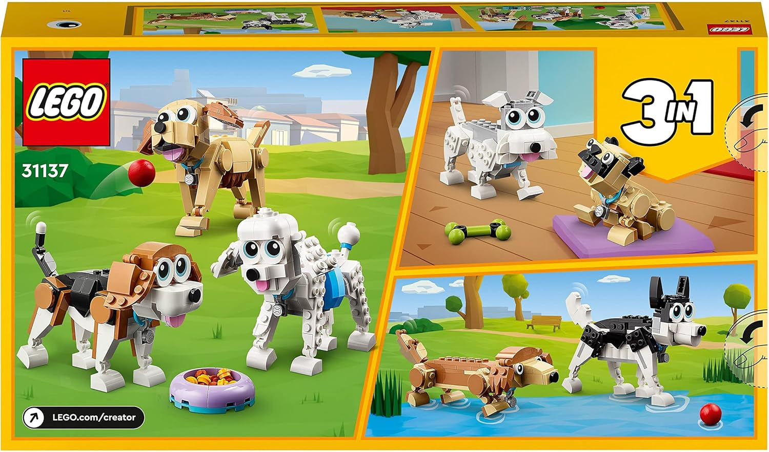 LEGO 31137 Creator 3-i-1 söt hundset med djurfigurer tax, mops, pudel och mer, leksak för barn 7+, present till hundälskare Byggset Besuche den LEGO-Store