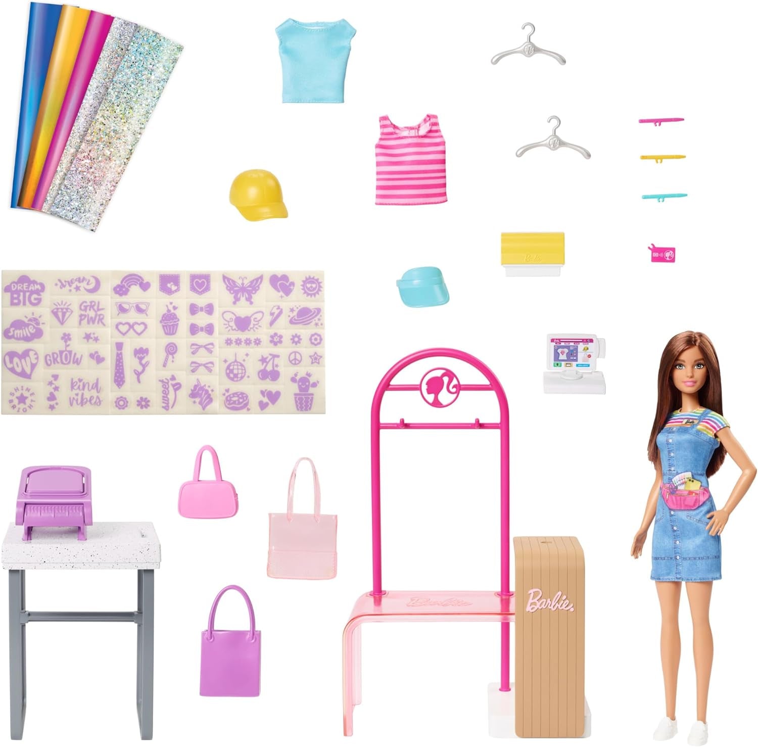 Barbie Fashion Boutique Playset - foliemönsterdocka, över 150 originalutseende, innehåller 2 blusar och 5 folielakan, klädställ och kreditkortsläsare, 3+, HKT78