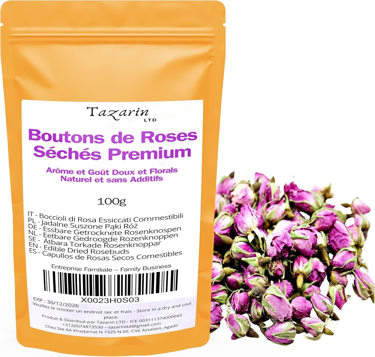 100g premium ätbara rosenknoppar - torkad Atlas rosenbladsinfusion - söt och blommig smak och arom - 100% naturlig, ren och utan tillsatser | Tazarin Ltd