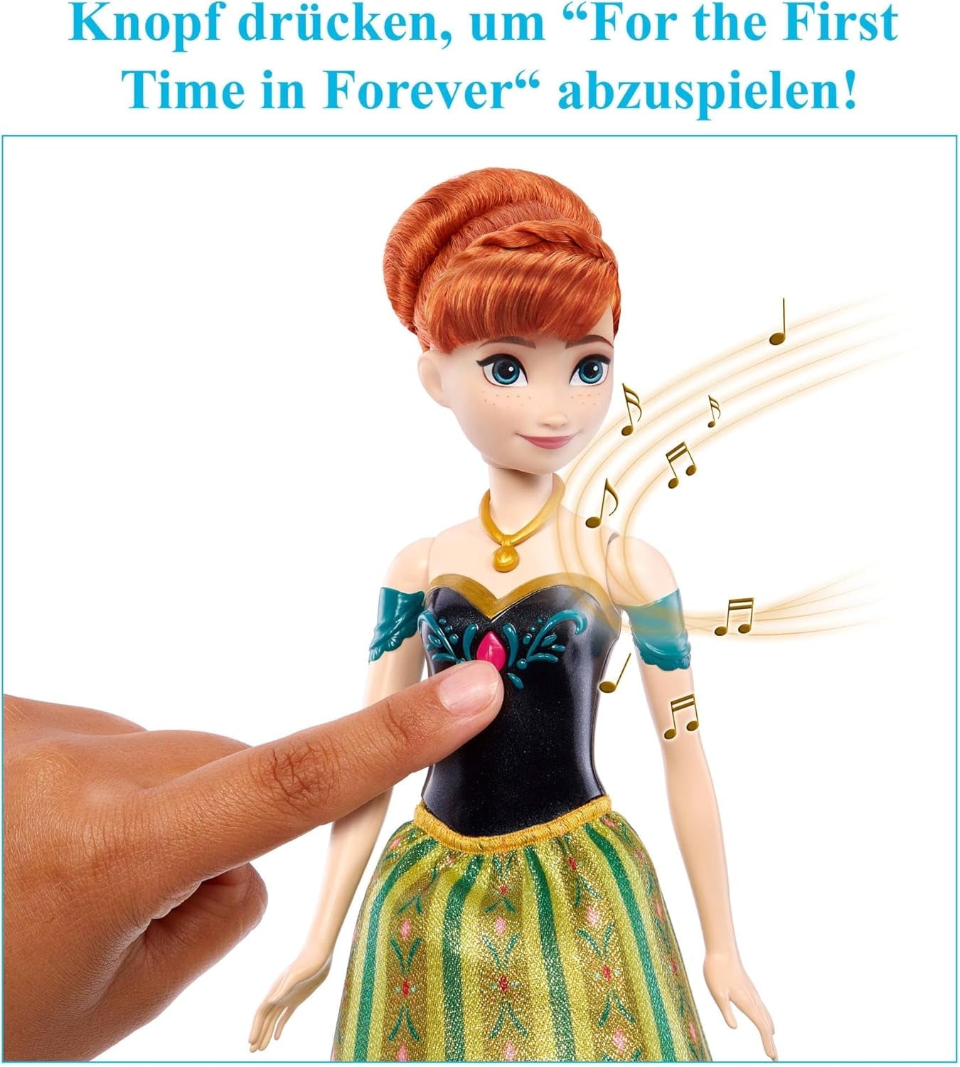 Mattel Toys Disney Frozen Anna Sjungande modedocka i ikonisk outfit sjunger "För första gången" från Disney-filmen på engelska, franska, tyska, italienska, JDL59