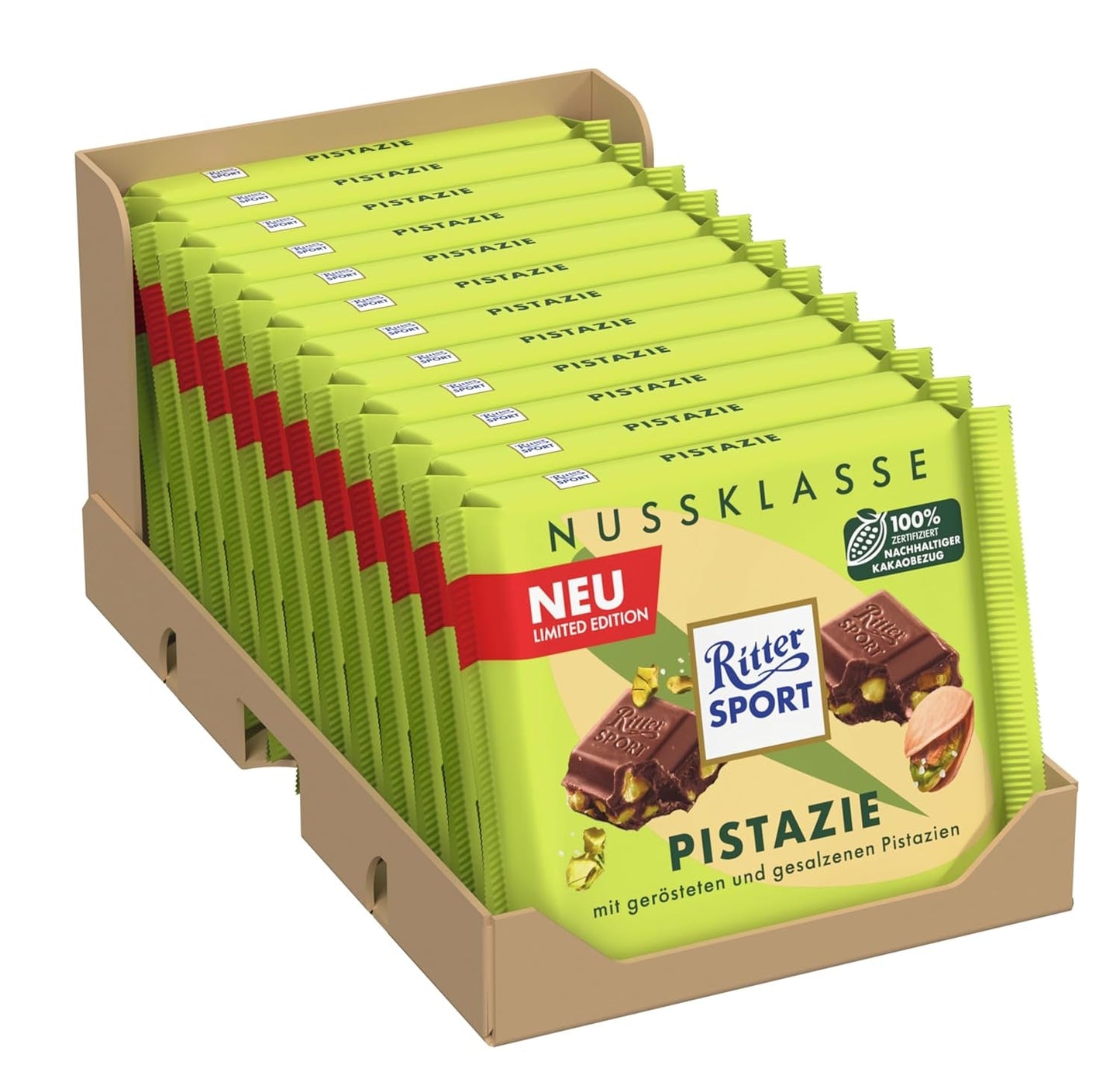 Ritter Sport Pistachio, mjölkchoklad med fina bitar av pistage, en chokladklassiker, perfekt att äta och njuta av, en bra presentidé, 12 barer x 100g