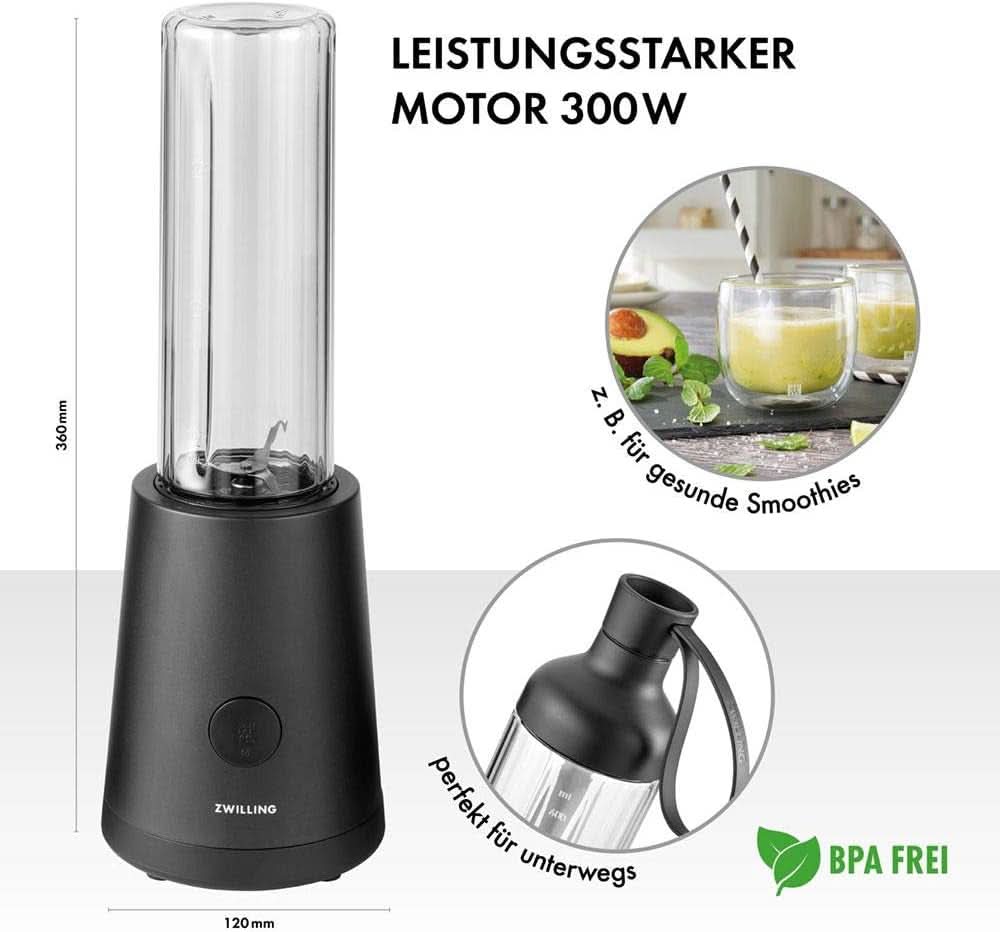ZWILLING Stativblandare, Smoothie Maker, Inkl. Trinkflasche Mit Verschluss, 600 Ml, 300 Watt, Edelstahl/Kunststoff, Schwarz Kitchen Naty Shop