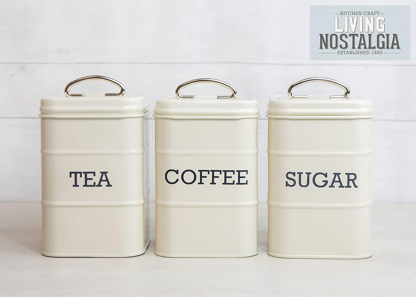 KitchenCraft Living Nostalgia set med 3 förvaringsburkar för te, socker och kaffe i presentförpackning, stål, antik kräm, 11 cm x 11 cm x 17 cm, vintageblå matförvaringslådor Naty Shop