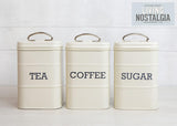 KitchenCraft Living Nostalgia set med 3 förvaringsburkar för te, socker och kaffe i presentförpackning, stål, antik kräm, 11 cm x 11 cm x 17 cm, vintageblå matförvaringslådor Naty Shop