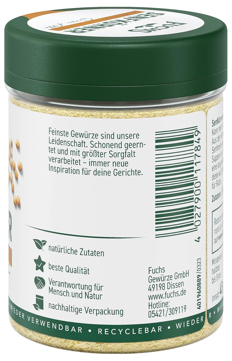 Fuchs Gewürze - Senfkörner gemahlen - für die Zubereitung von Rubs, zum Verfeinern von Suppen und Saucen - naturliga ingredienser - 45 g i wiederverwendbarer, recyclebarer Dos