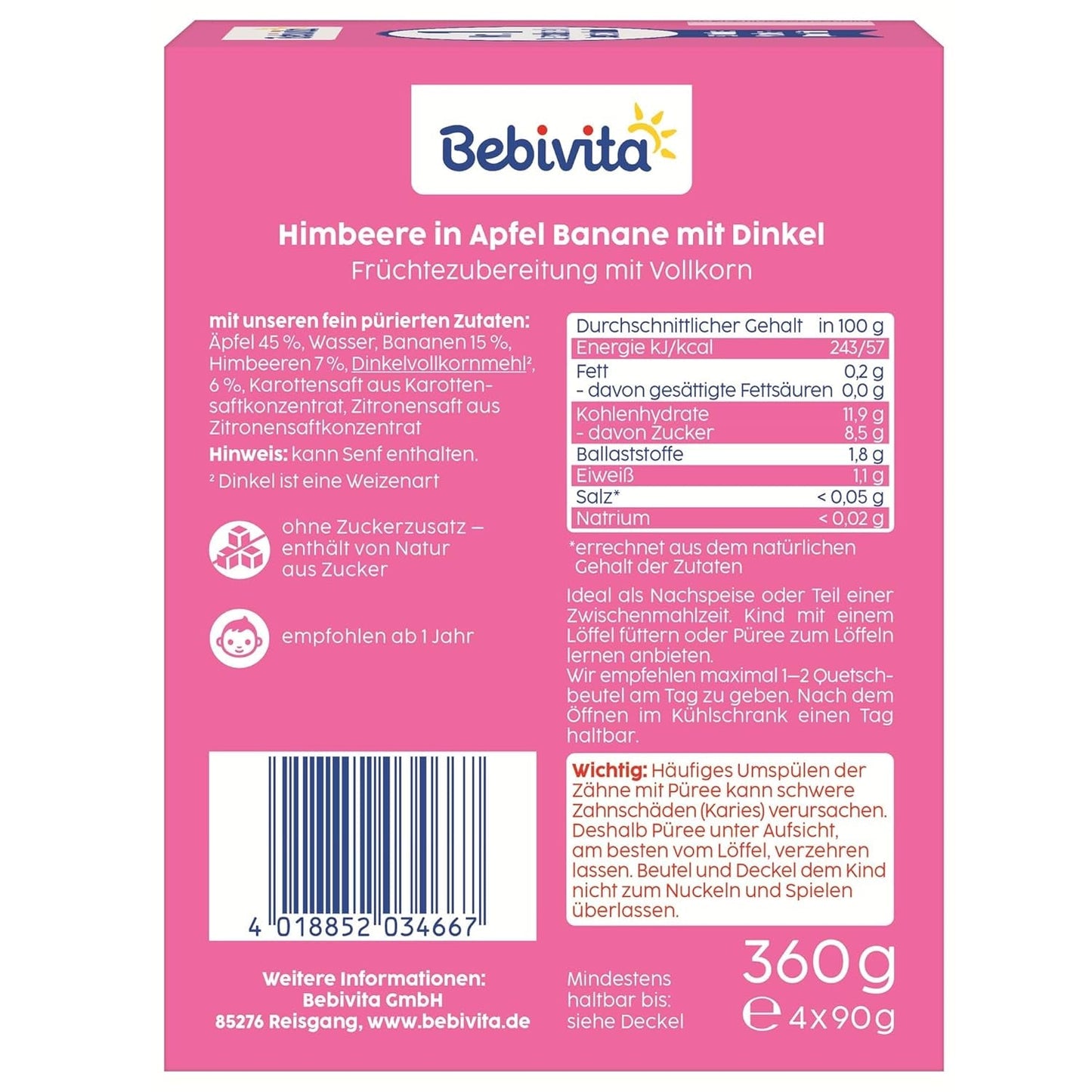 Frukt, hallon, äpple, banan och dinkel pressbara påsar - 16 stycken (förpackning om 4, 4 x 90 g vardera), utan tillsatt socker, gjord av mjuk frukt och nyttiga spannmål, idealisk för take-away snacks och egen konsumtion