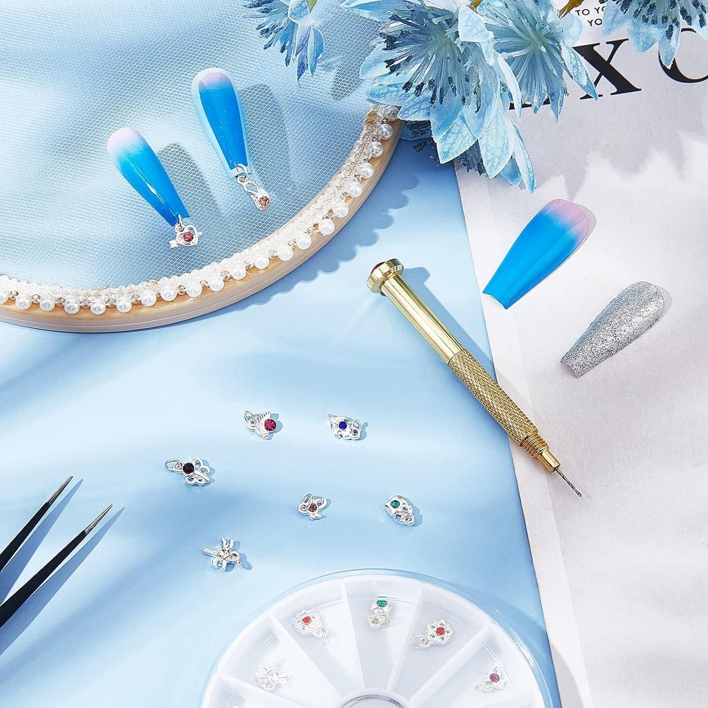OLYCRAFT 24st Nagelschmuck Ringe Dangle Nail Art Zubehör Mit Nagelpiercing Tool Nagelbohrer Manueller Bohrer Aus Legierung Für Tips, Acryl, Gele Und Dekorationen