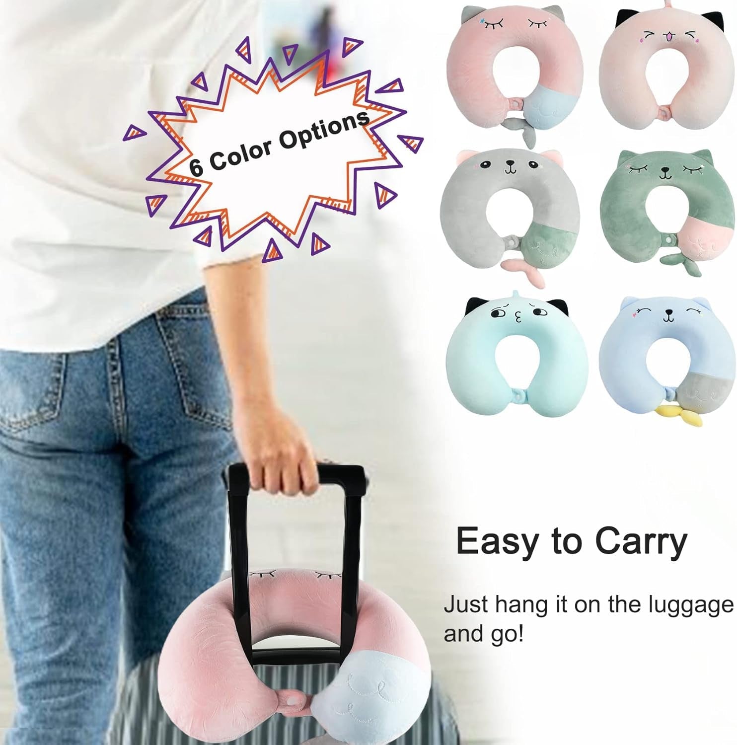 Nackkudde Barn Nackkudde för Flygplan Bil Tåg Resor Vuxen Memory Foam Resekudde Söt djurmönster U-form Kudde Avtagbart överdrag (Pink2) Cervikala ortopediska kuddar Naty Shop