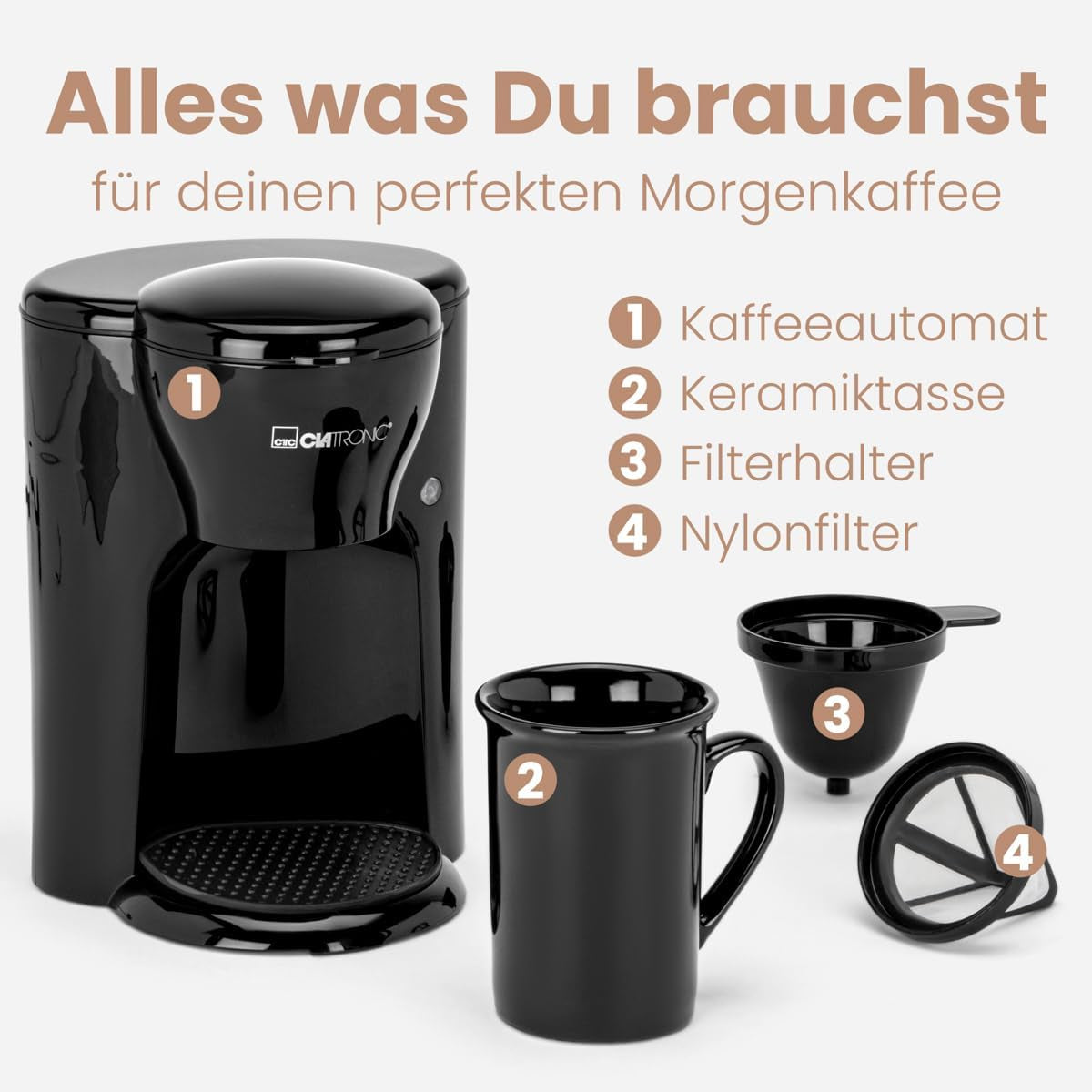 Clatronic® 1-kopps kaffebryggare | Perfekt espressomaskin för ensamstående | Espressomaskin med filter, inklusive keramisk kopp | Liten espressomaskin med filter, perfekt för resor | KA 3356
