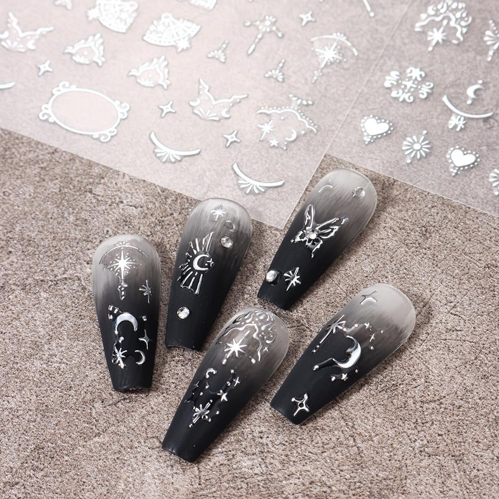 3D silvermetalliska nagelklistermärken, nagelklistermärken för kvinnor, stjärna, måne, sol, nagelfolie, självhäftande klistermärken, fjärilsnagelklistermärken, nagelklistermärken, nageldesigntillbehör, 8 st