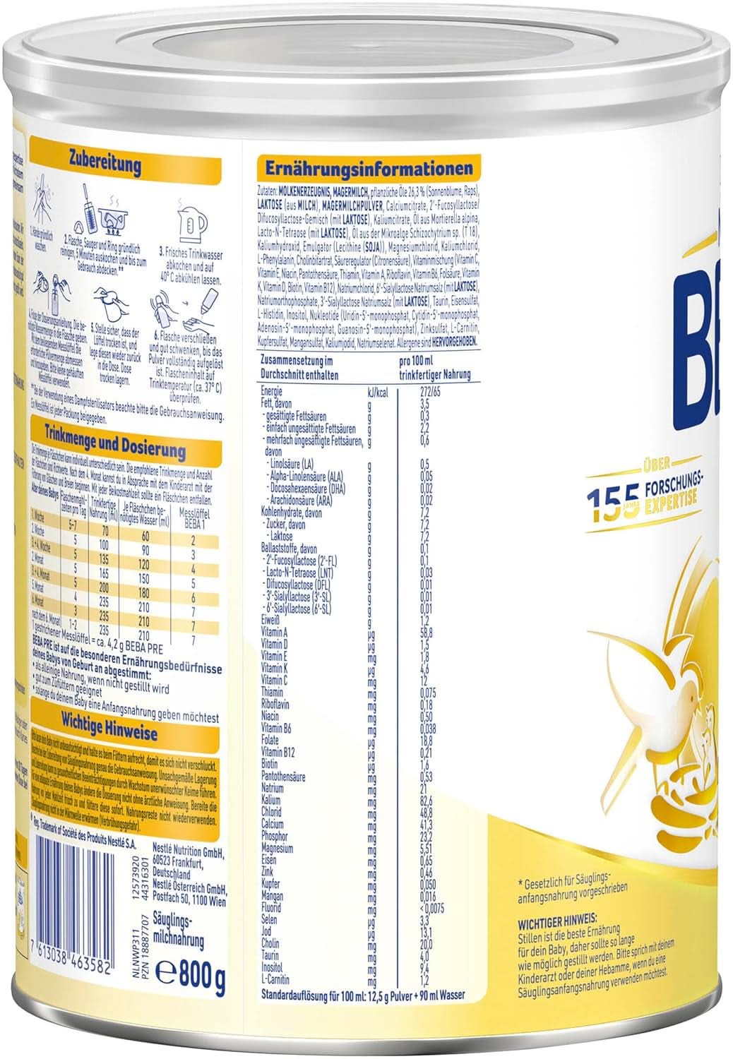 BEBA PRE Initial mjölk från födseln, barnmat med DHA, endast laktos, ingen palmolja, pack 3 (3 x 800 g) Naty Shop