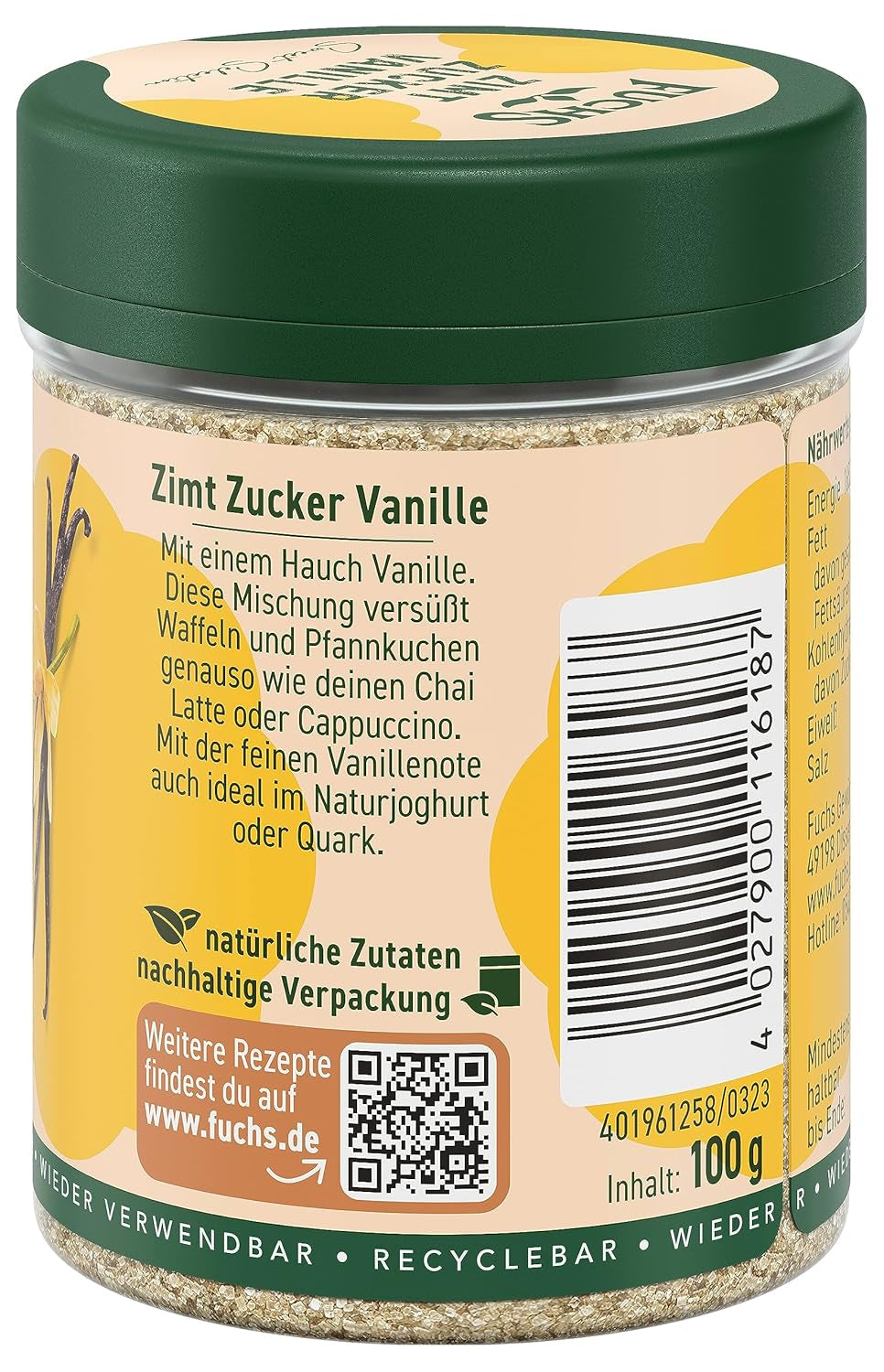 Fuchs Gewürze - Zimt Zucker Vanille - Gewürz zum Versüßen von Wafeln, Milchgetränken eller Joghurt - aus natürliche Ingrediens - 100 g i wiederverwendbarer, recyclebarer Dos