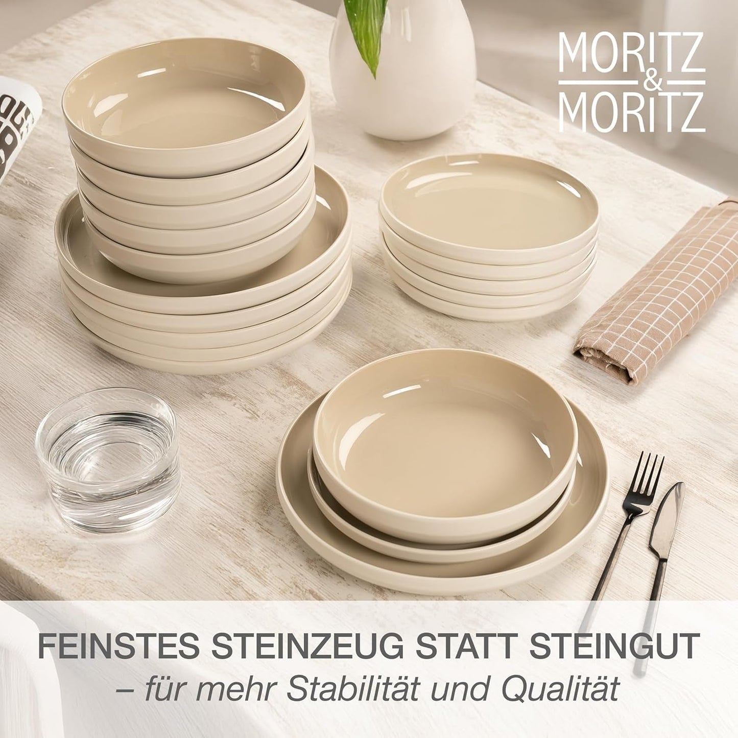 Moritz & Moritz CAVO servisset i stengods för 12 personer, 36 stycken - Modern bordsservering i sandfärg - Lättskött kombinationsset med tallrikar och skålar - Kaffeservering