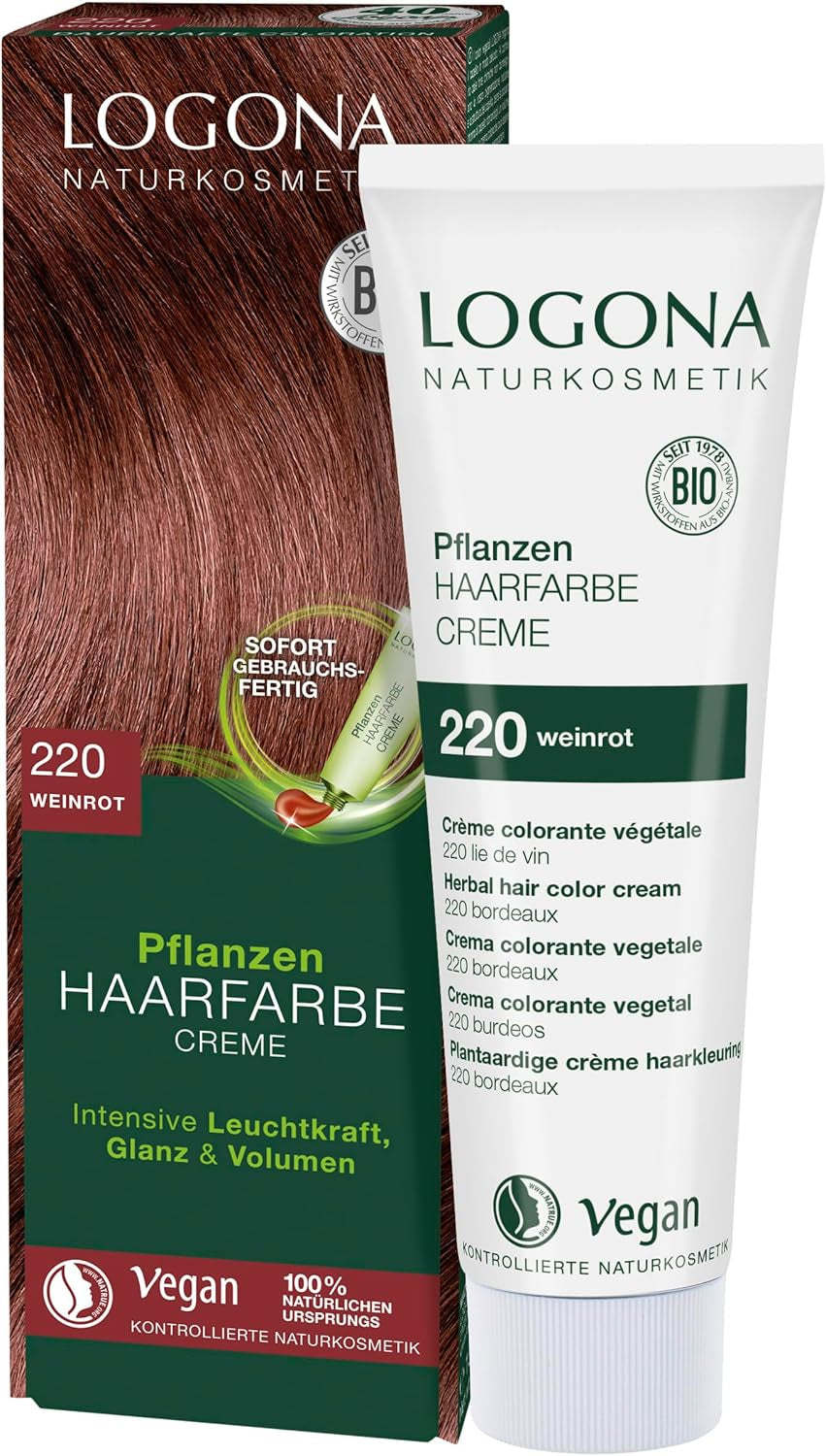 LOGONA Natural Cosmetics Plant Hårfärg Kräm 240 Nougat Brun, Naturlig Henna Brun Hårfärg Kräm, Bruna Toner Färg Kräm, Mörk hårfärg, 150 ml Naty Shop Hårfärg 220 Vinröd [Titian]