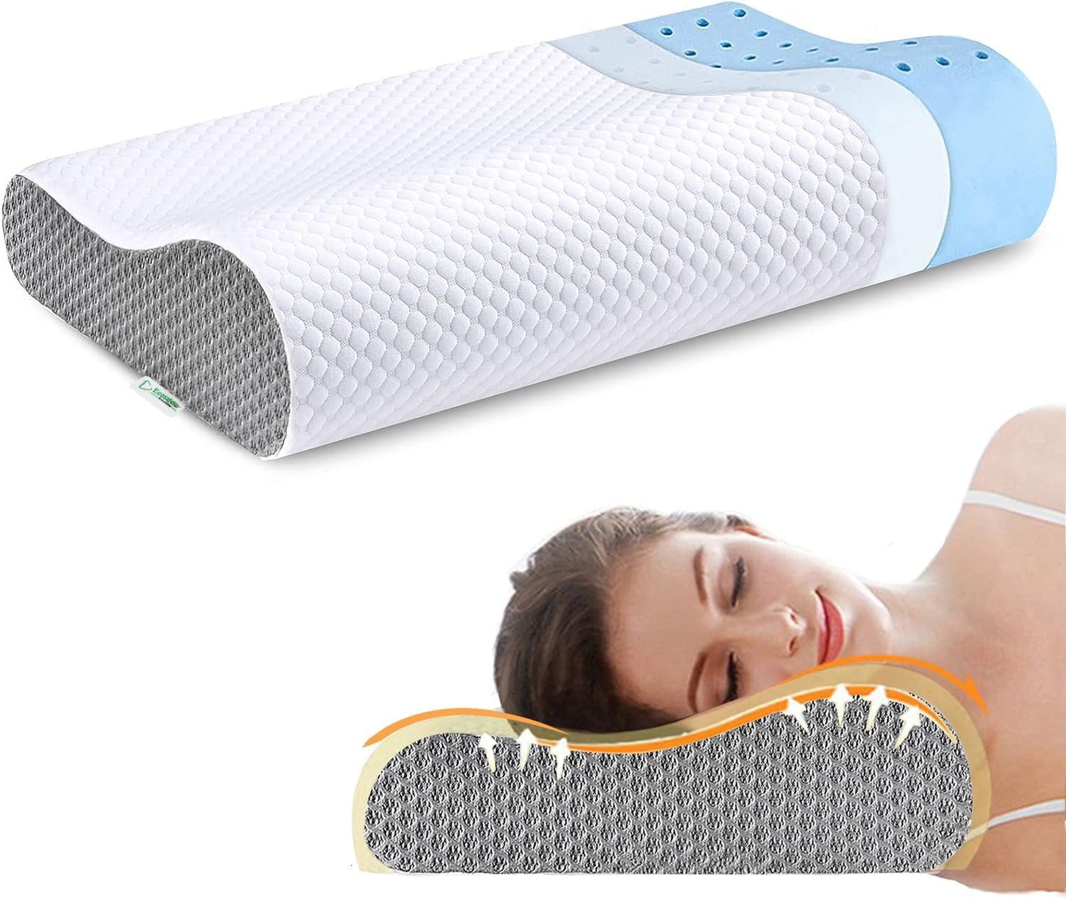 Memory Foam kudde, nackstödskudde, ergonomisk nackkudde för olika sovställningar med avtagbart överdrag Cervikala ortopediska kuddar Naty Shop Grå-Vit