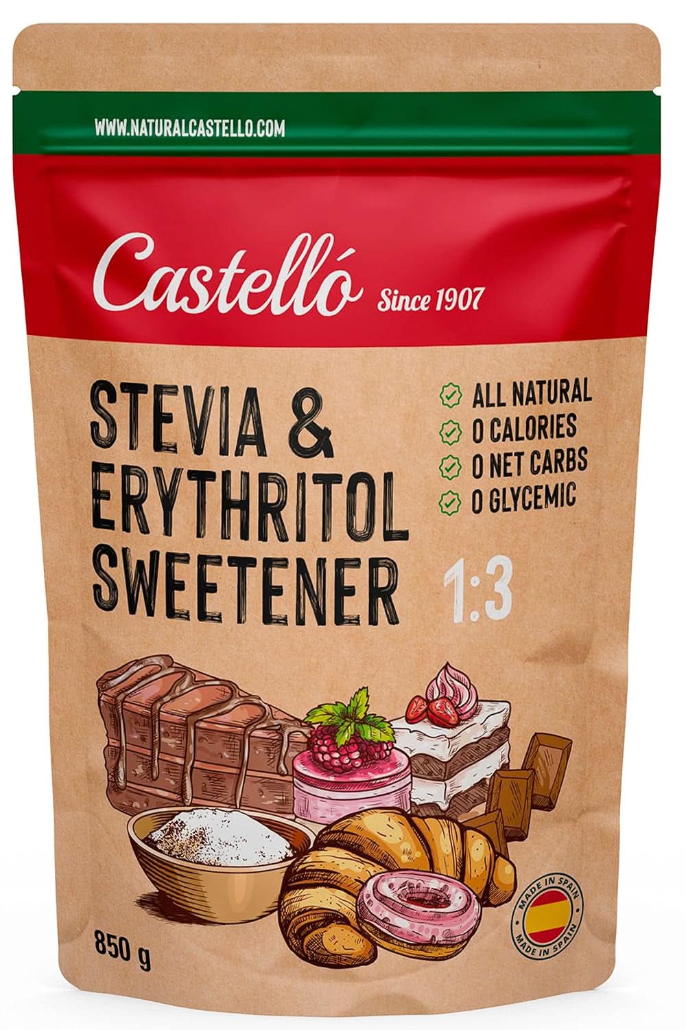 Stevia + Erythritol 1:3 Sötningsmedel, 1G = 3G Socker, 850 gram Sötningsmedel Naty Shop