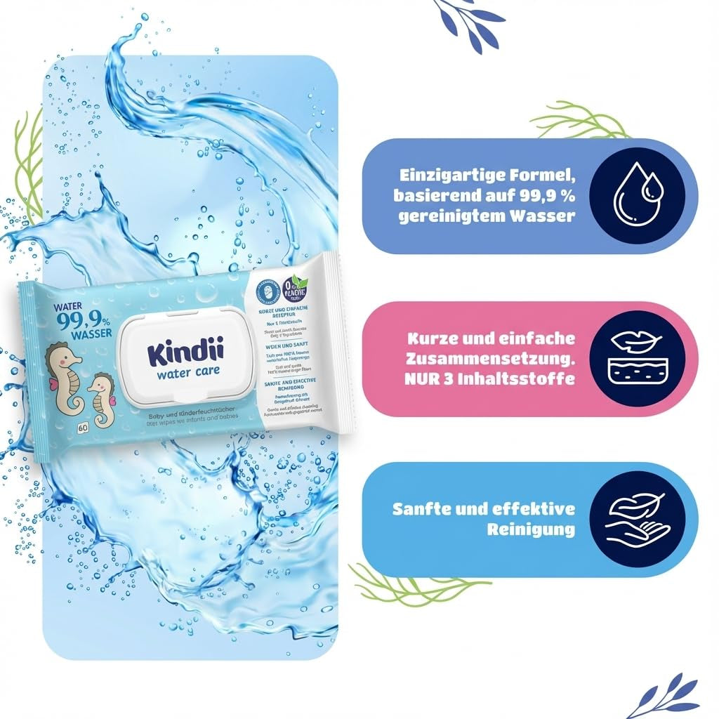 Kindii Water Care Wet Wipes - Aqua Baby Wipes - 100% Viskos, 99,9% Vatten, Grapefruktextrakt, Scarf Storlek 150x200, 100% biologiskt nedbrytbar, plastfria, rengöringsservetter för känslig hud