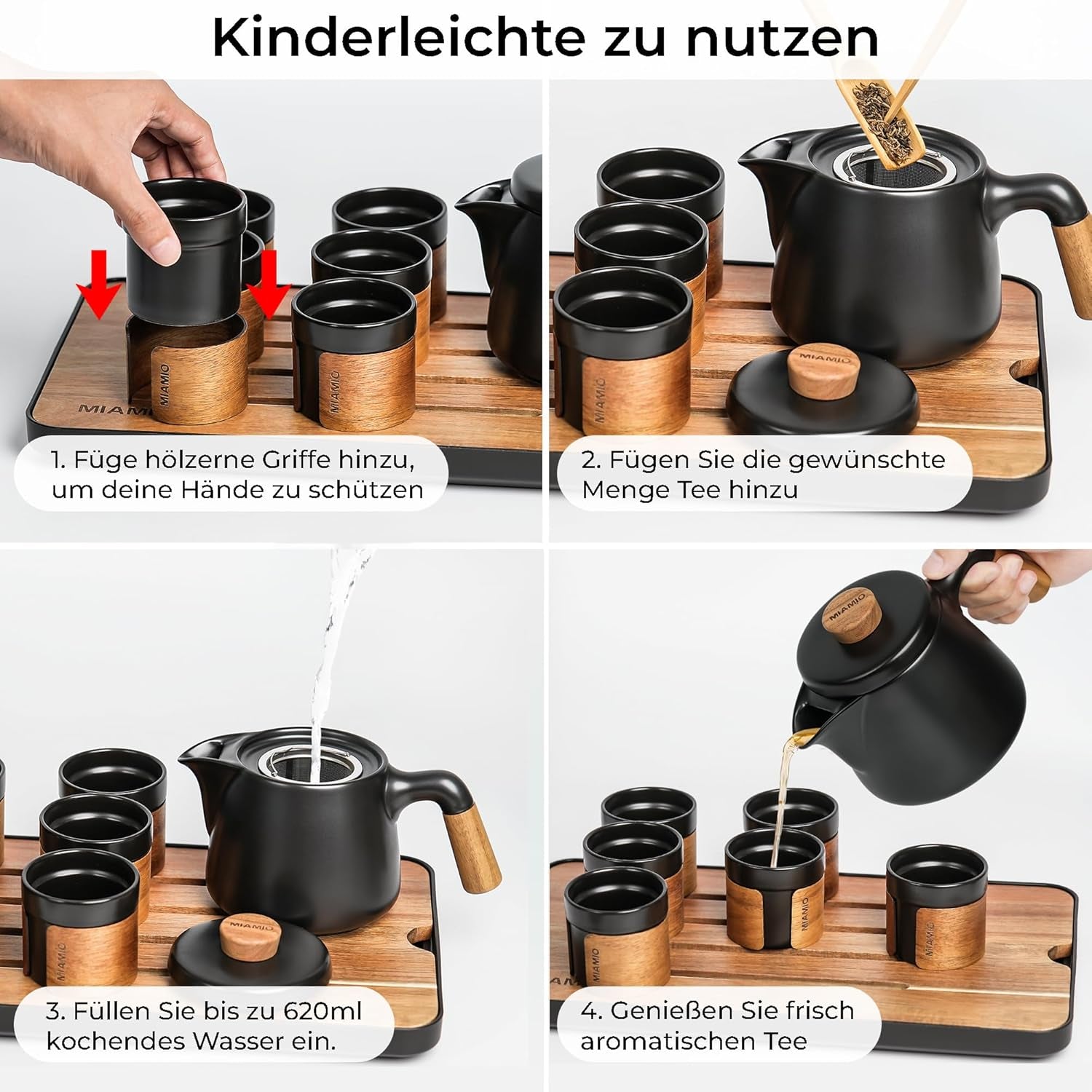 MIAMIO - Japansk/kinesiskt teservis 6 x 100 ml / asiatisk tekanna 620 ml med teinfuserare, traditionell japansk tekanna för teälskare/män/kvinnor (svart)