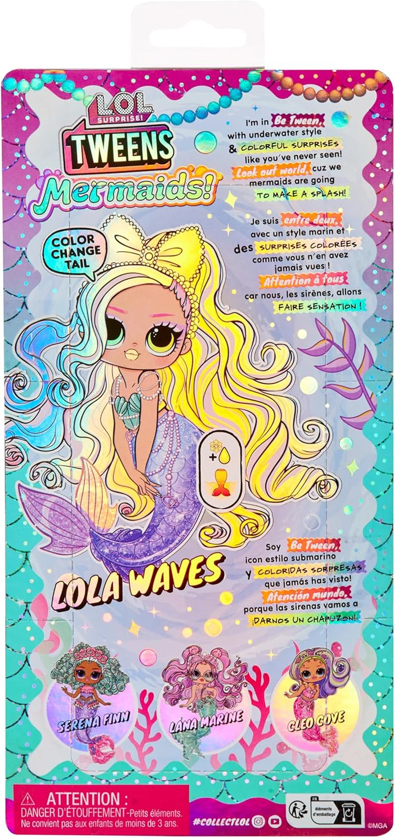 LOL Överraskning! Tweens - Lola Waves Mermaid - Modedocka med färgskiftande svans, rörlig fena och vackra tillbehör - Leksak för barn och samlare från 4 år och uppåt