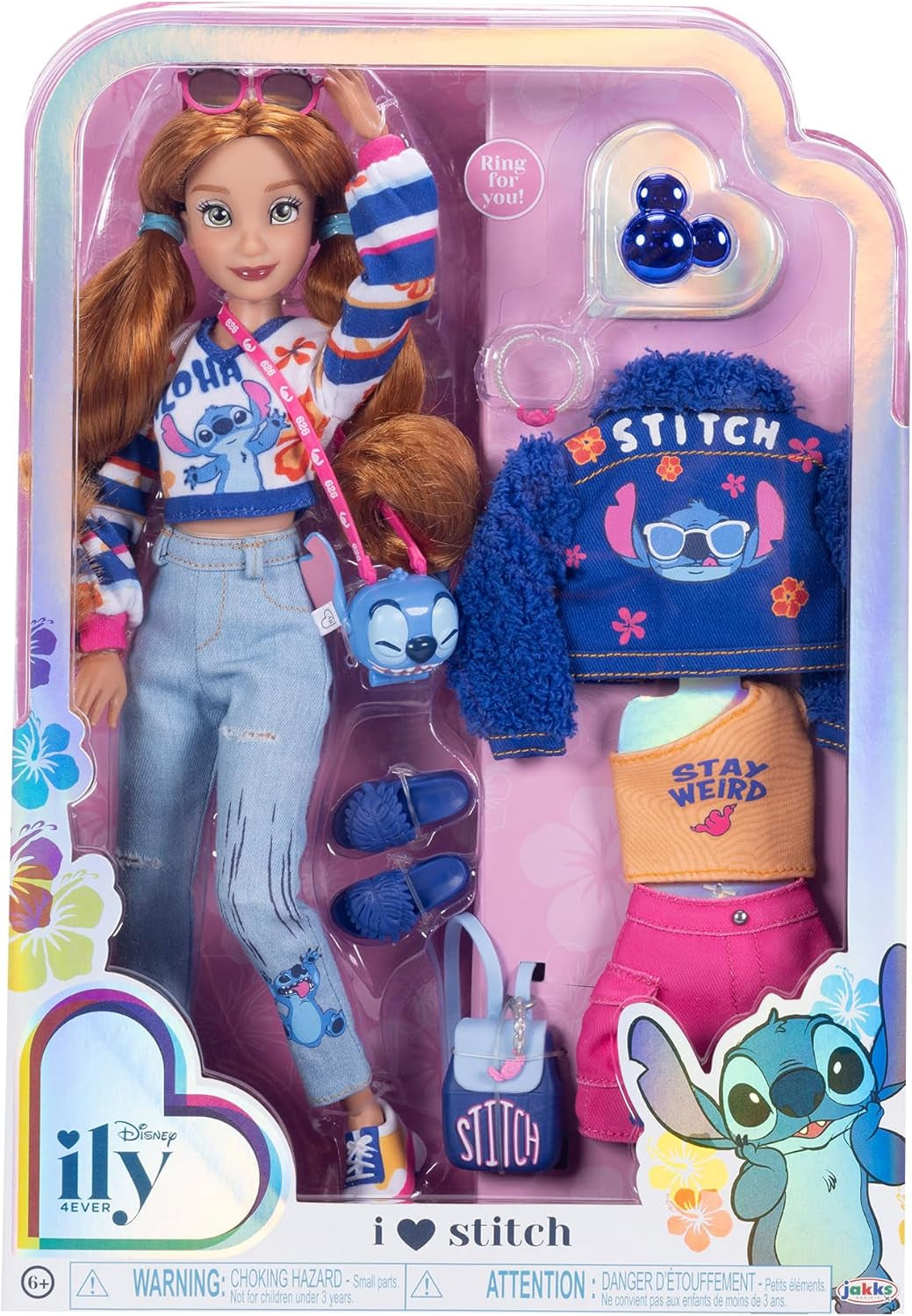 Disney ILY 4EVER Stitch modedockor med rött hår, 29 cm långa, med 13 artikulationspunkter, två kompletta mix-and-match outfits och en gnistrande Musse ring för dig!