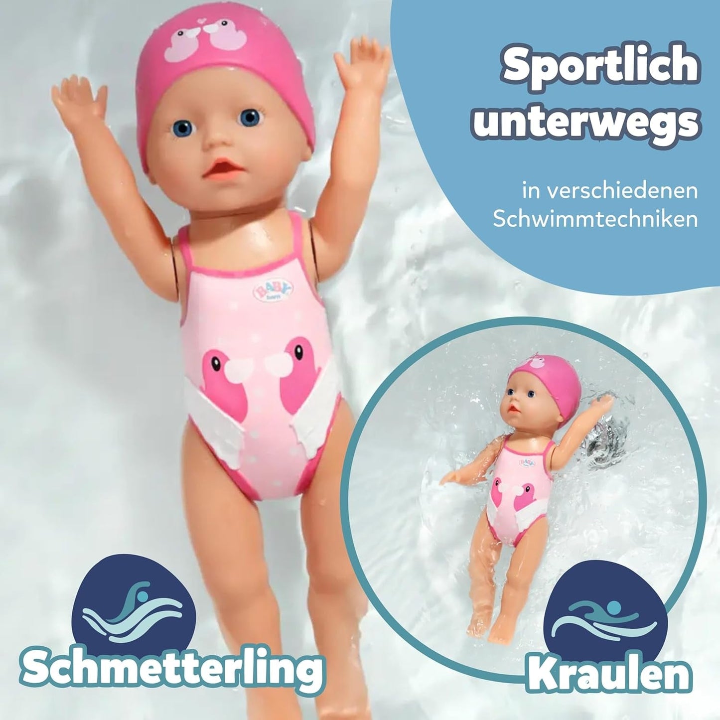 BABY Born My First Swimmer Girl - 30 cm docka - Baddocka med vridmekanism, vattentät - Fungerar utan batterier - Lämplig för barn från 1 år och uppåt