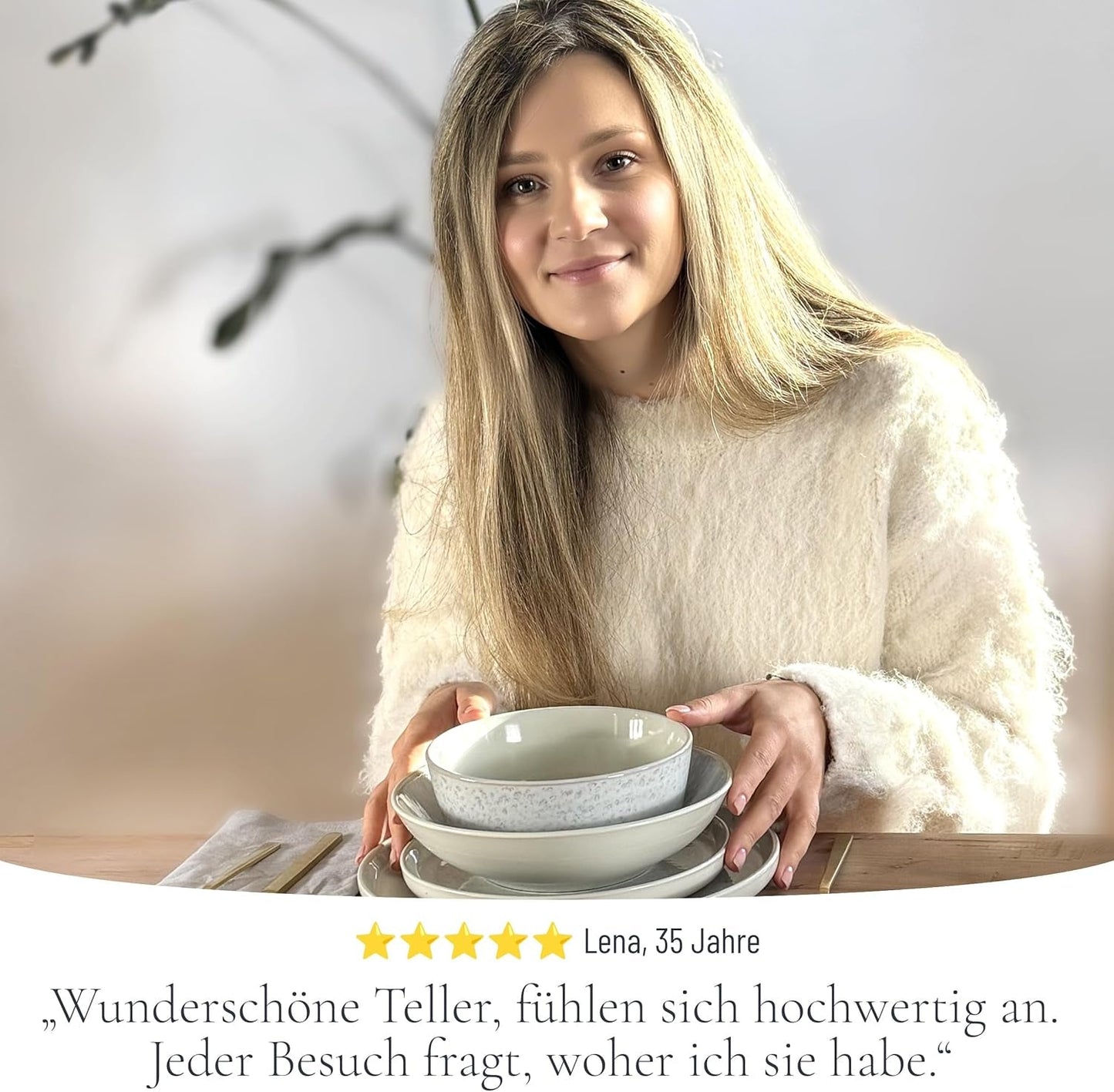 48-delars keramiskt stengods servisset för 12, Ibiza design, TESTVINNARE. Ett underbart keramiskt medelhavsservis av stengods med skålar och tallrikar. Pure Living servisset, beige.