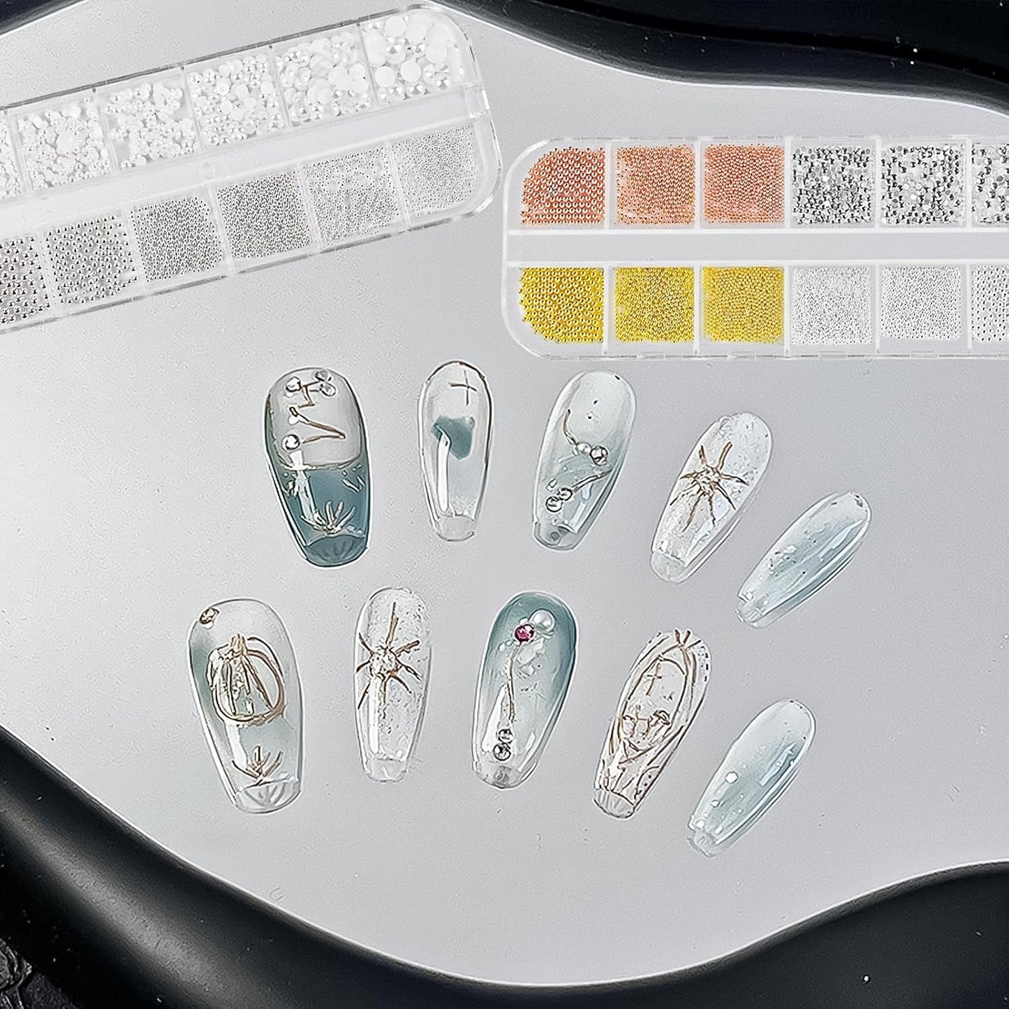 2 Boxen Nail Art Strasssteine, Mit Pincett Nägel Flatback Perlen Nail Charms Mit Kristallen Nagelzubehör Diamanten Edelstahl-Perlen Für Nagelschmuck