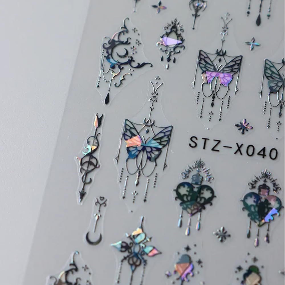 3D Metallic Schwarz Schmetterling Nagelsticker - Laser Pink Aurora Nagelaufkleber - Punk Butterfly Nail Art Stickers - Silver Nagelsticker - Nageldesign Zubehör