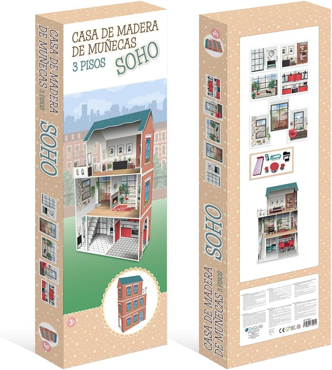 Soho-Madera design 3-vånings dockhus med 8 möbler, storlek 120 X 33 X 75 cm (913D00181) Naty Shop Dollhouses