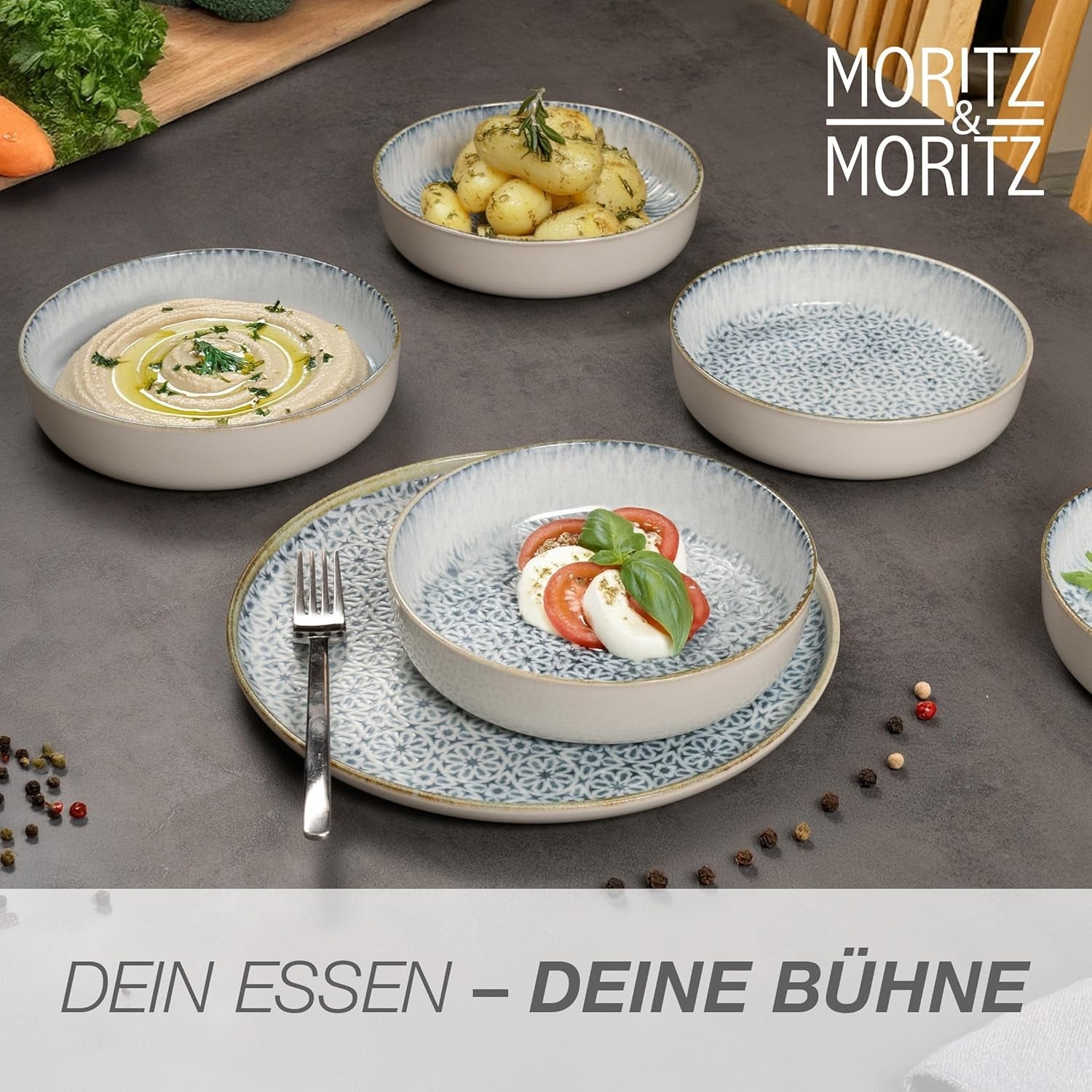 Moritz & Moritz ALHAMBRA servisset för 6, 18 delar, högkvalitativt porslin - modernt blått servis - lättskött set med 6 mattallrikar, 6 desserttallrikar och 6 skålar