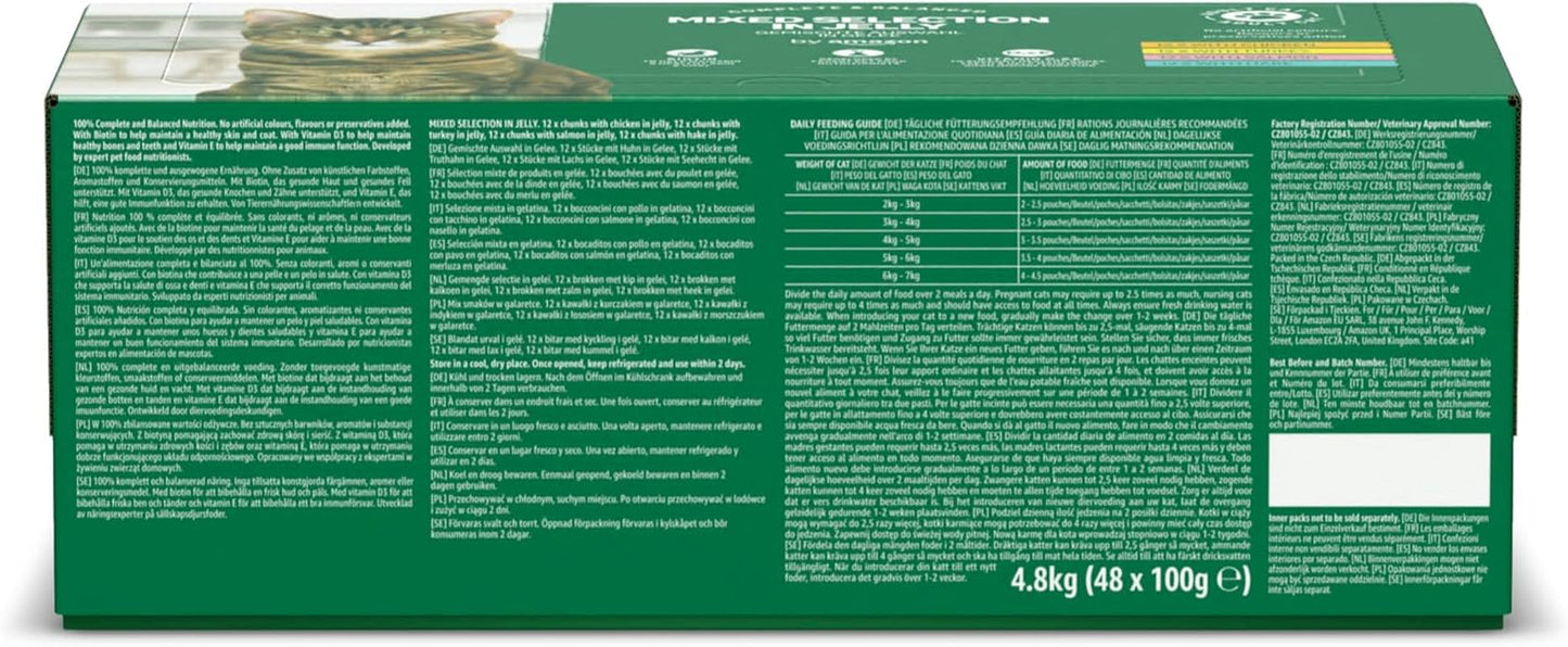 Amazon spannmålsfritt våtmat för vuxna katter Blandat urval i gelé 4,8 kg (48 förpackningar med 100 g vardera)