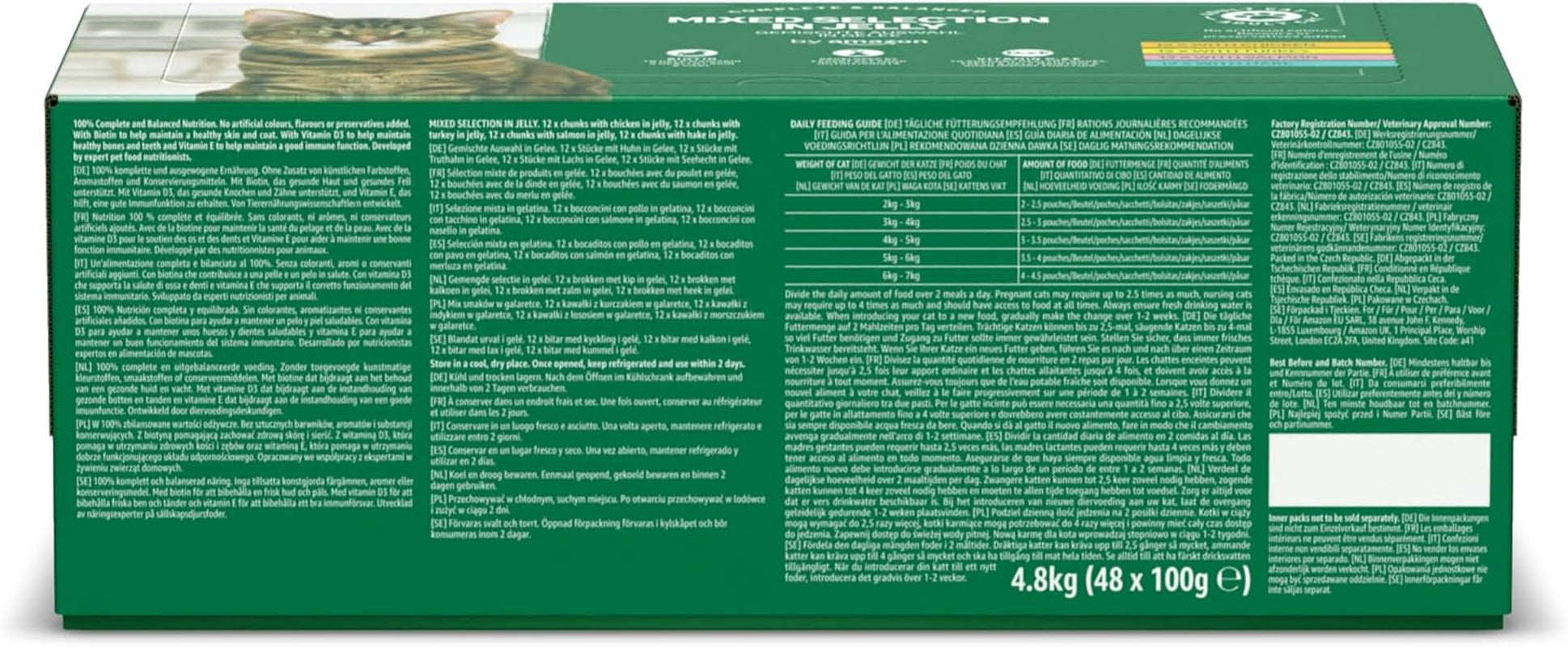 Amazon spannmålsfritt våtmat för vuxna katter Blandat urval i gelé 4,8 kg (48 förpackningar med 100 g vardera)