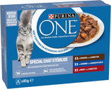 PURINA ONE | BIFENSIS | Mat för steriliserade vuxna katter | Stödjer kattens vitalitet, ben, muskler och leder | I sås | Påsar med anka, sardiner, nötkött, färskhet | 1 stycke (8 x 85 g)