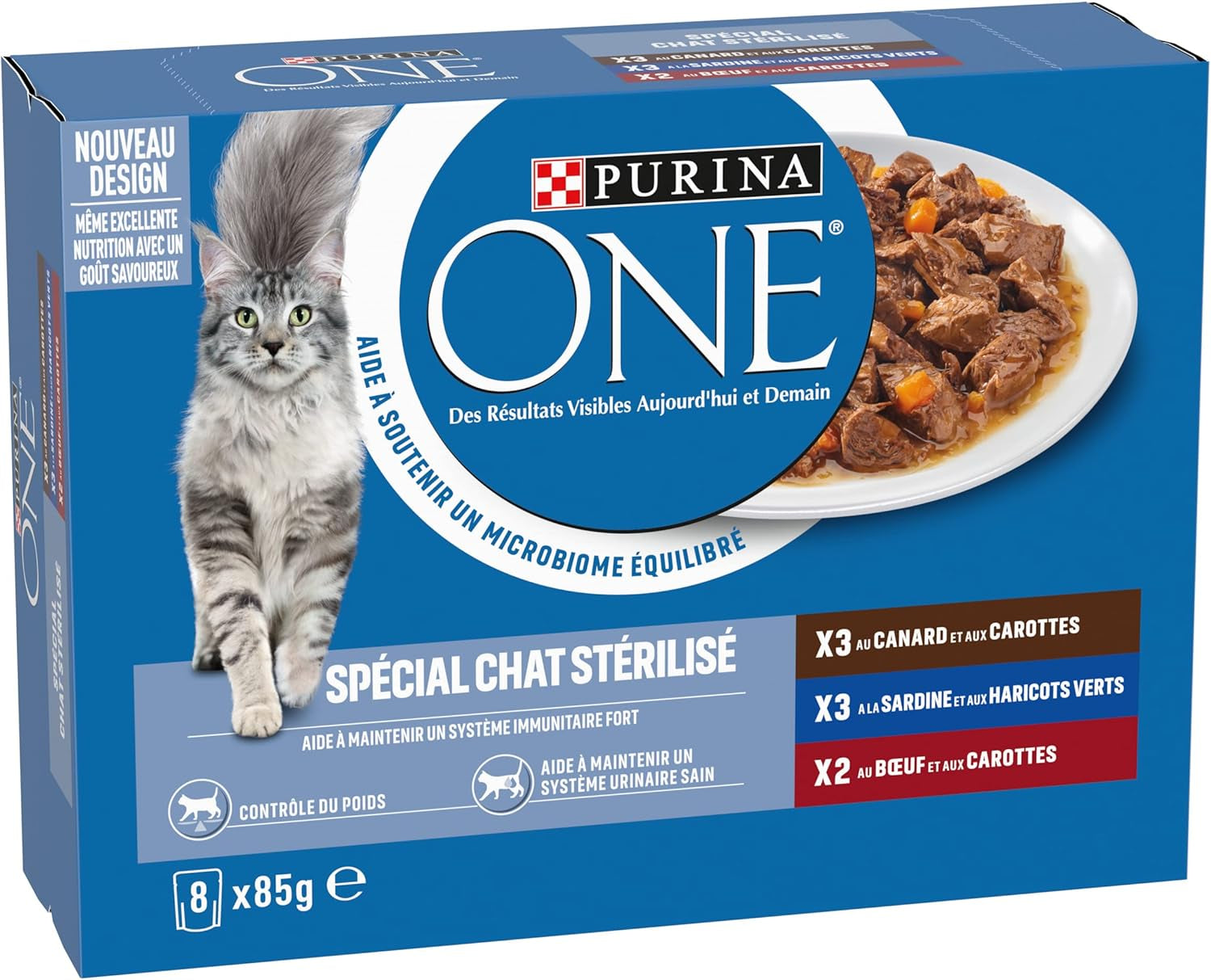 PURINA ONE | BIFENSIS | Mat för steriliserade vuxna katter | Stödjer kattens vitalitet, ben, muskler och leder | I sås | Påsar med anka, sardiner, nötkött, färskhet | 1 stycke (8 x 85 g)