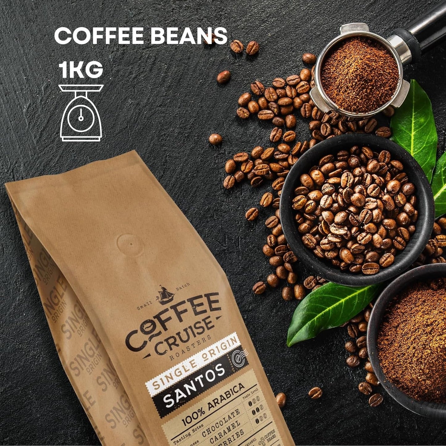 COFFEE CRUISE Santos Kaffeebohnen 1kg - Mittlere Röstung - Aroma Caramel - Für All Kaffeemaschinen - 100% arabiska