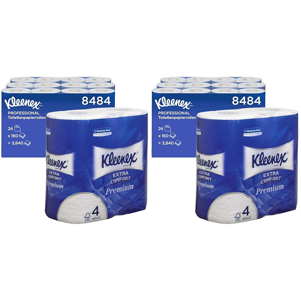 Kleenex Premium toalettpappersrullar 8484, toalettpapper 24 rullar X 160 puffade ark, 4-lagers toalettpapper, 100 % ren fiber, hög kvalitet, rivtålig och mjuk (2-pack)