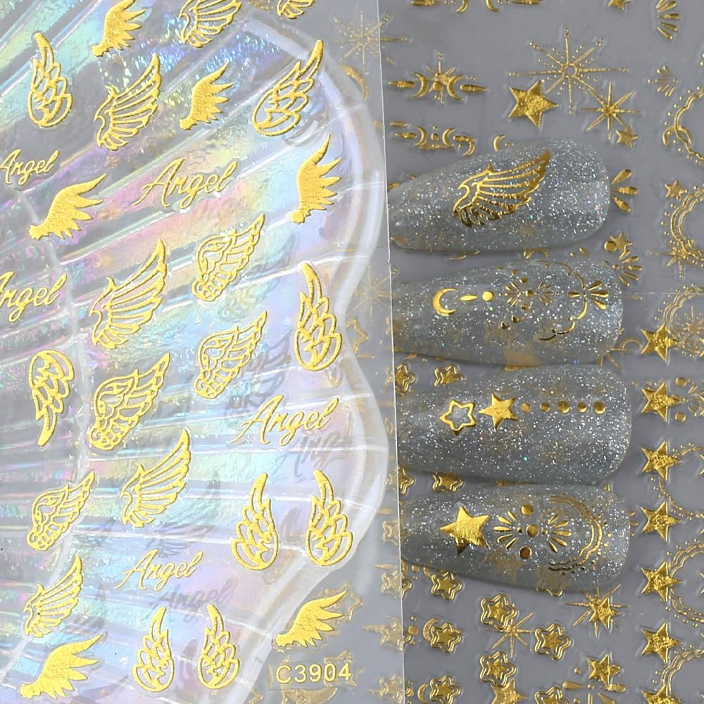 8 ark Guld Måne och stjärnor Nail Art Stickers Angel Wings Tan Guld Nail Stickers Stars Nagelfolier Självhäftande nagelklistermärken Nageldesign Tillbehör Nagelklistermärken