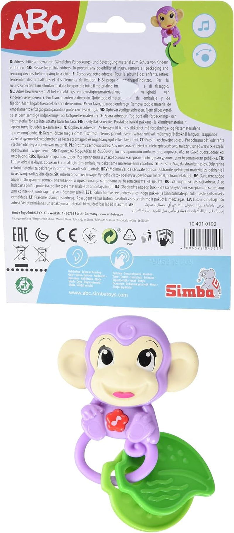 Simba 104010192 - ABC monkey musikalisk skallra, 2 sensoriska element, med musikalisk funktion, 17cm, leksak för barn, från 6 månader Baby Toys Naty Shop