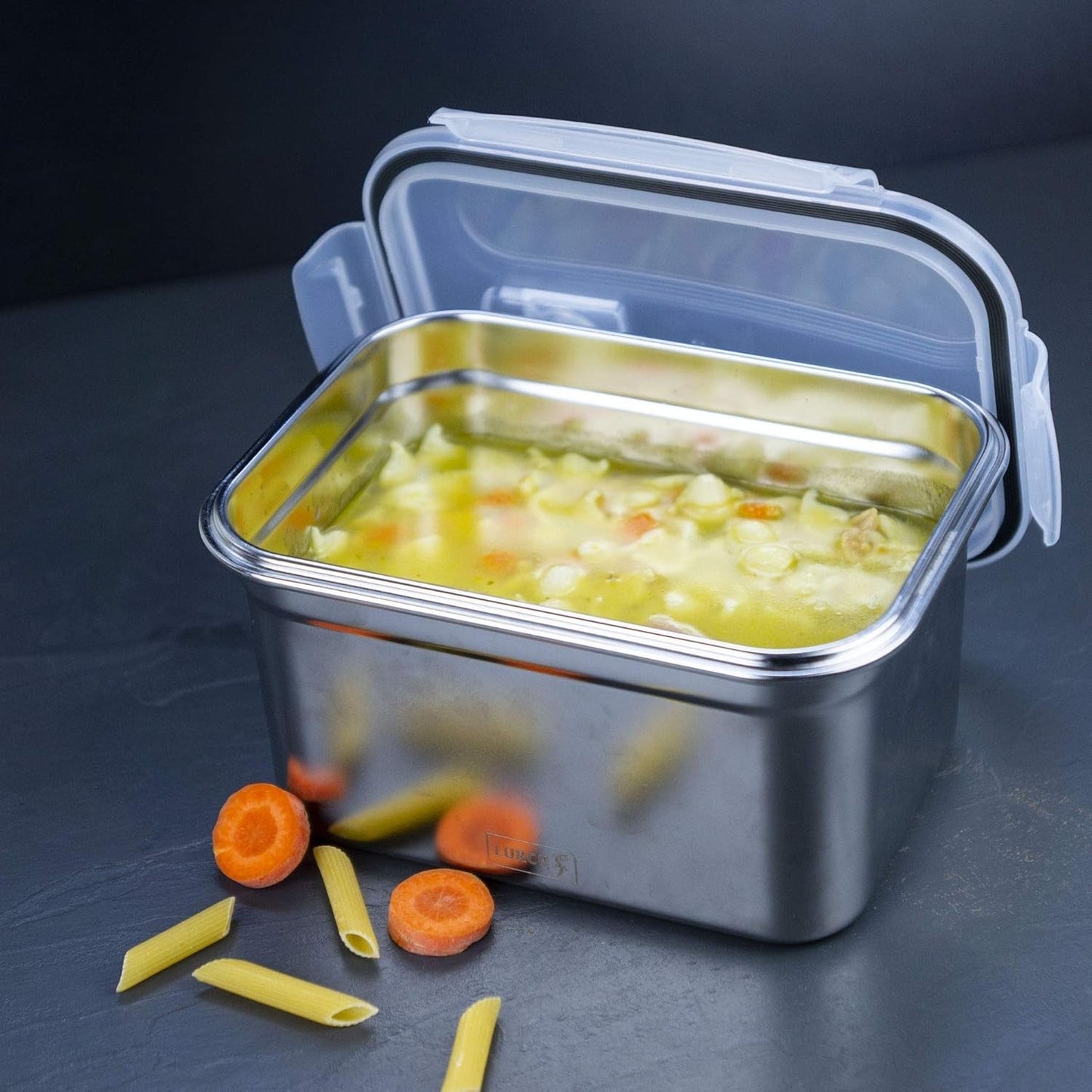 Lurch 240895 Lunchbox Högkvalitativt rostfritt stål Säkerhets-/förvaringslåda med BPA-fritt plastlock 2000 ml klara matförvaringslådor Naty Shop