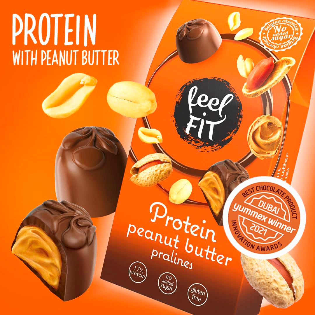 Feel FIT Jordnötssmörproteinpraliner i högkvalitativ mjölkchoklad, utan tillsatt socker, 17 % protein, glutenfri 66g (1 förpackning)