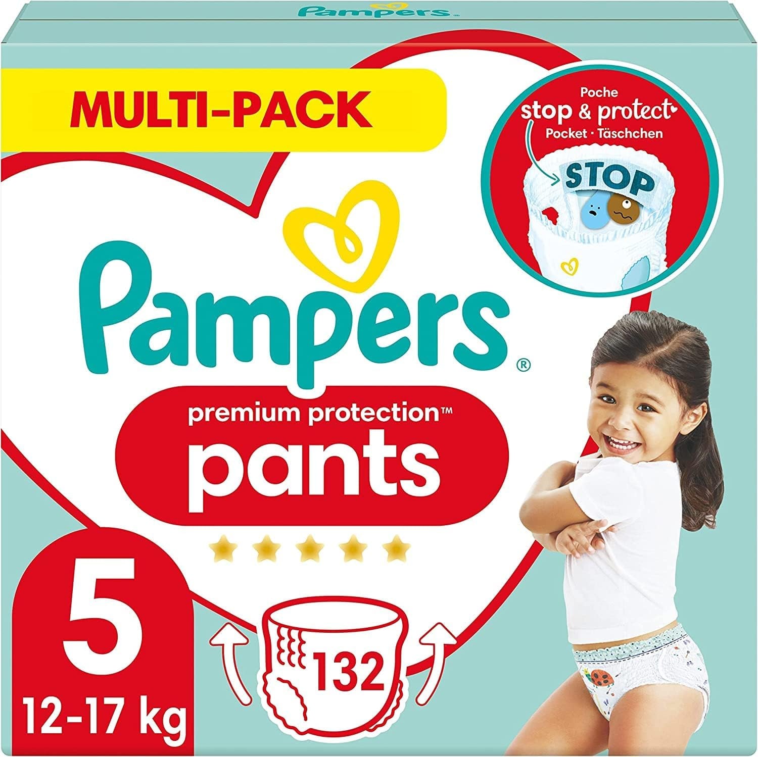 Pampers Premium Protection Pants Storlek 7, 123 Blöjor, 15 kg+, med 360° justering och mjuka anti-läcka muddar för optimal komfort och skydd