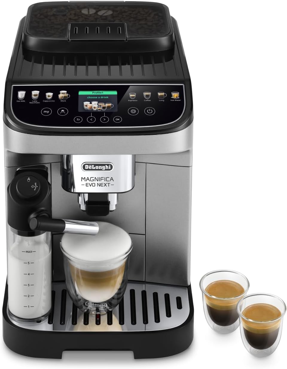 De'Longhi Magnifica Evo Next - Perfetto helautomatisk espressor med LatteCrema mjölkskummare, 13 One-Touch-drycker, kaffe- och cappuccinobryggare, färgpekskärm, titan (ECAM312.80.TB)
