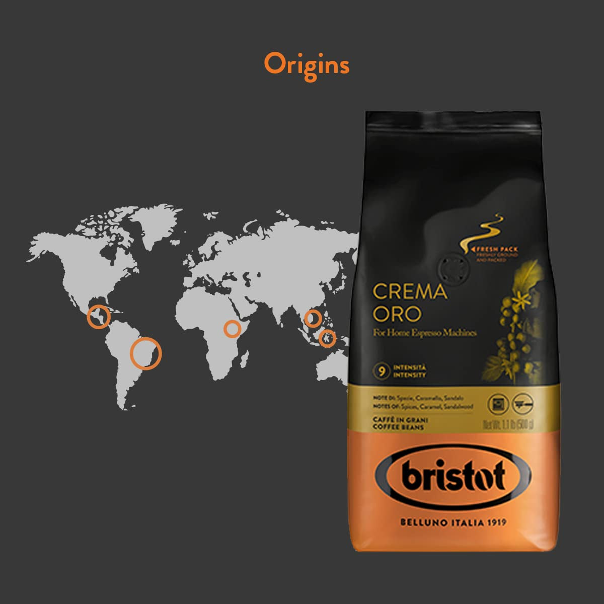 Bristot, Kaffeebohnen CREMA ORO – Totalt 1 kg – Mischung mit intensivem Aroma, süßem Geschmack, Gewürzen, Caramel, Sandelholznoten – Set med 2 pro 500 g