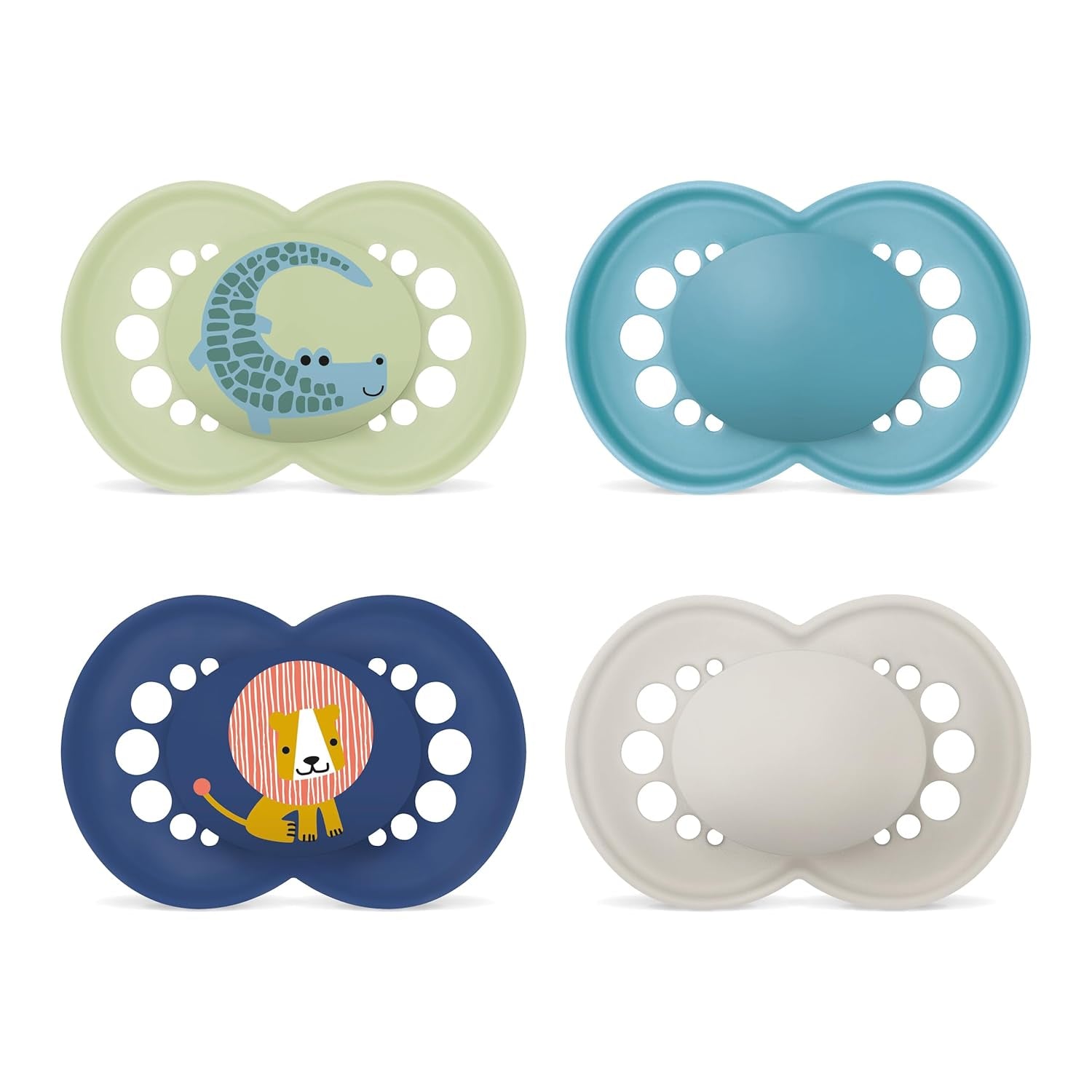 Original MAM-nappar | 6-16 måndag | Baby och småbarn nappset | Acceptans 94% | Hjälper till att förhindra oönskad tandjustering | SkinSoft silikonnappar | Krokodil/Lejon | Paket om 4