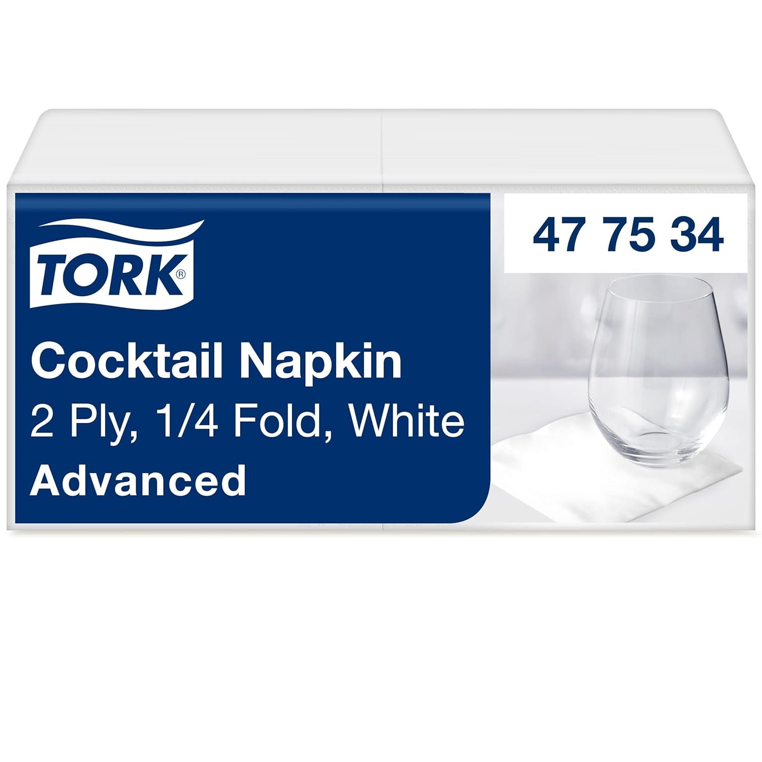 Tork Cocktail vita servetter, 1/4-faldig, 2-lagers, 24 cm × 24 cm, 200 servetter, 477534