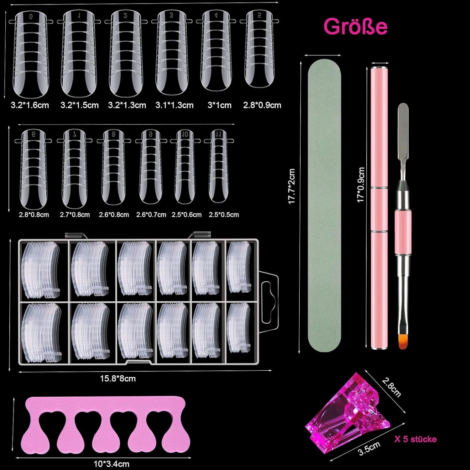 120 dubbla nagelformar, nagelförlängningsmallar med rosa dubbelsidig borste, nagelspetsklämma, tåavskiljare och nagelfil för polygelnaglar