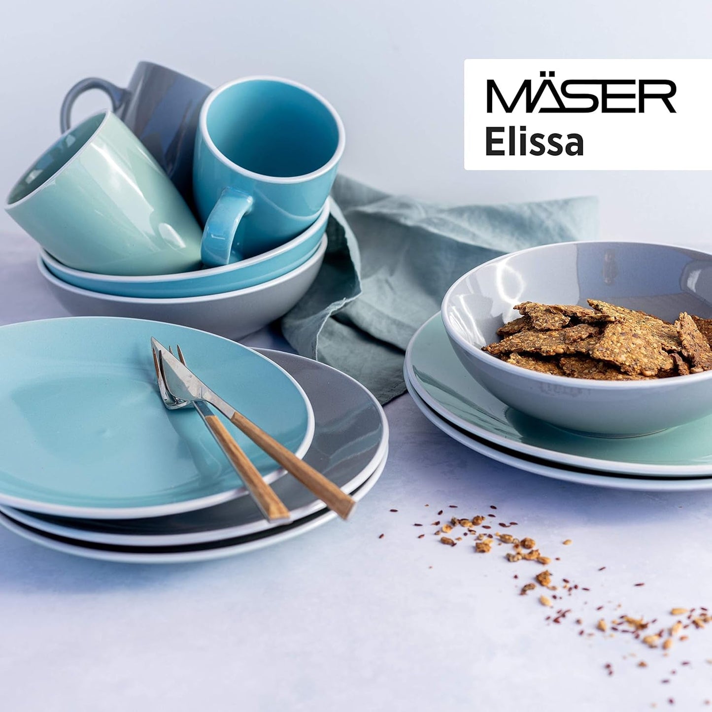 MÄSER 931844 Elissa Series Moderna servisset för 6, blå med vit kant, 24-delat kombinationsset, keramik